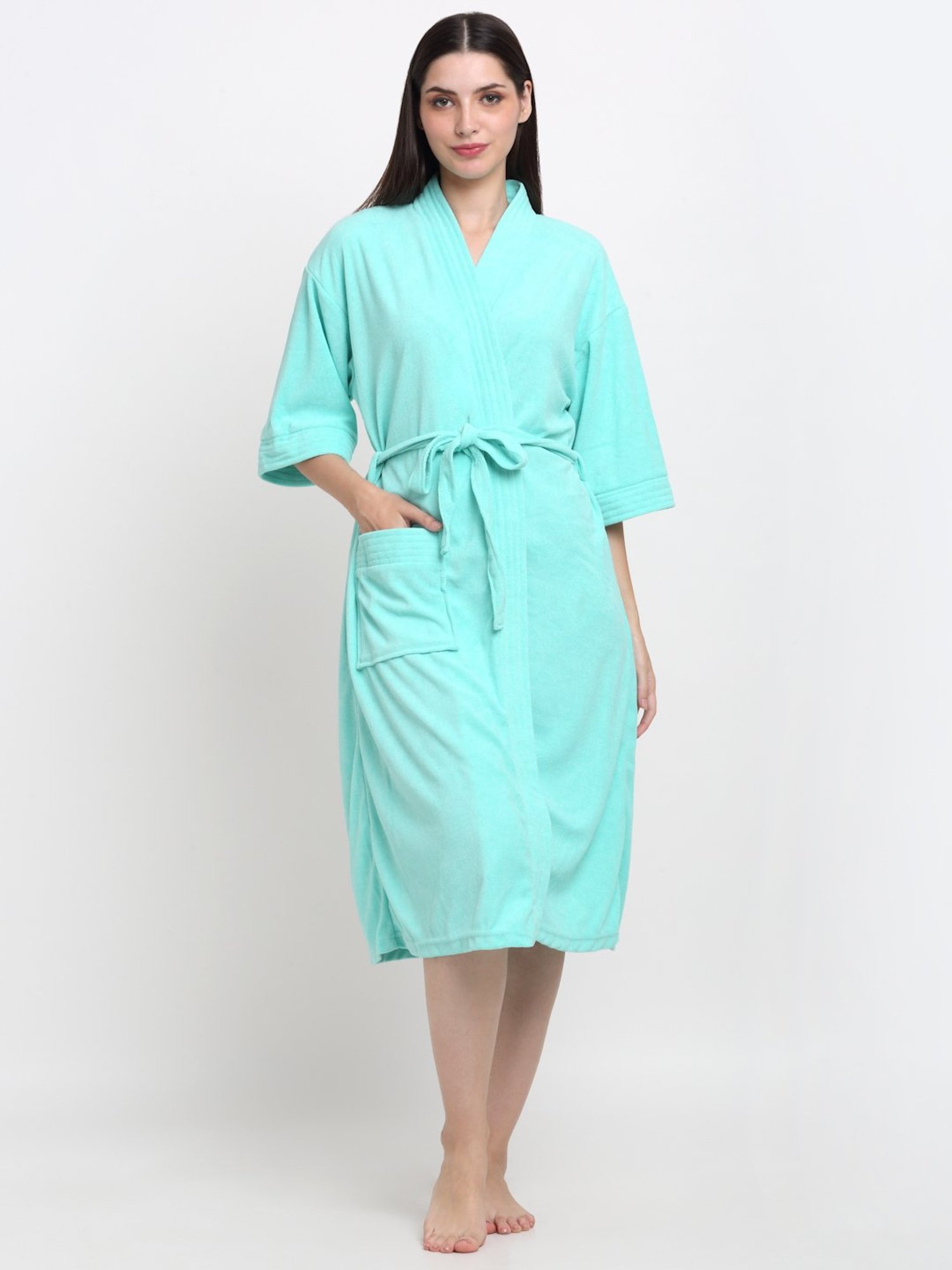 Creeva Everyday Sea Green 225 GSM Micro Terry Bathrobe with Front Pocket & Kimono Collar