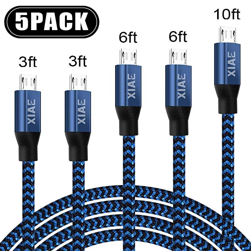 Micro USB Cable 5Pack 336610FT Nylon Braided Fast Charging Cable Aluminum Housing USB Charger Android Cable for Samsung Galaxy S7 Edge S6 S5Android PhoneLG G4HTC and MoreBlackBlue