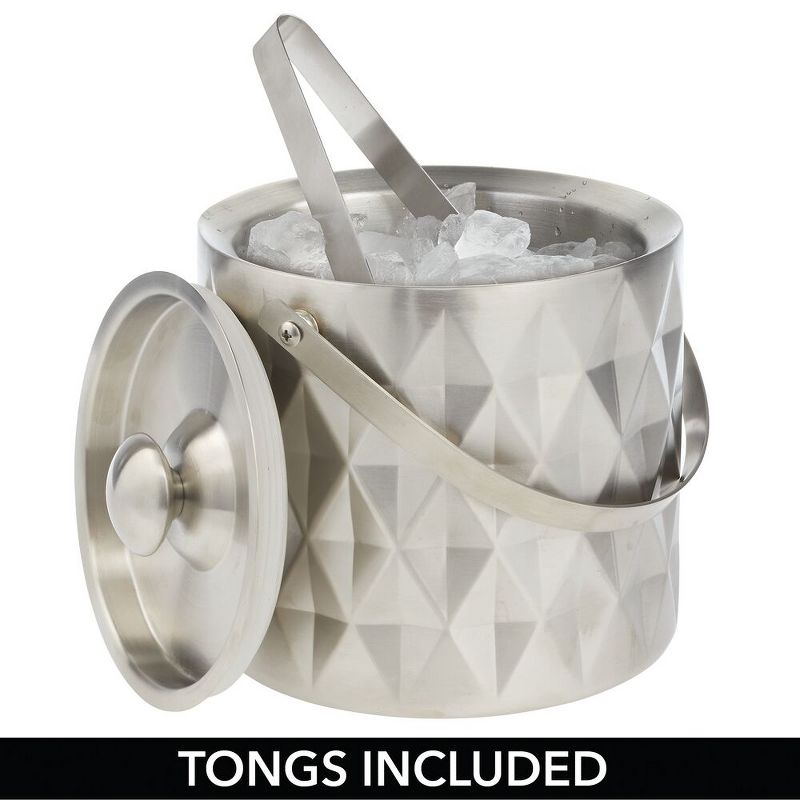 mDesign Ice Bucket with Lid, Tongs, Handle - Insulated Stainless Steel - Brushed