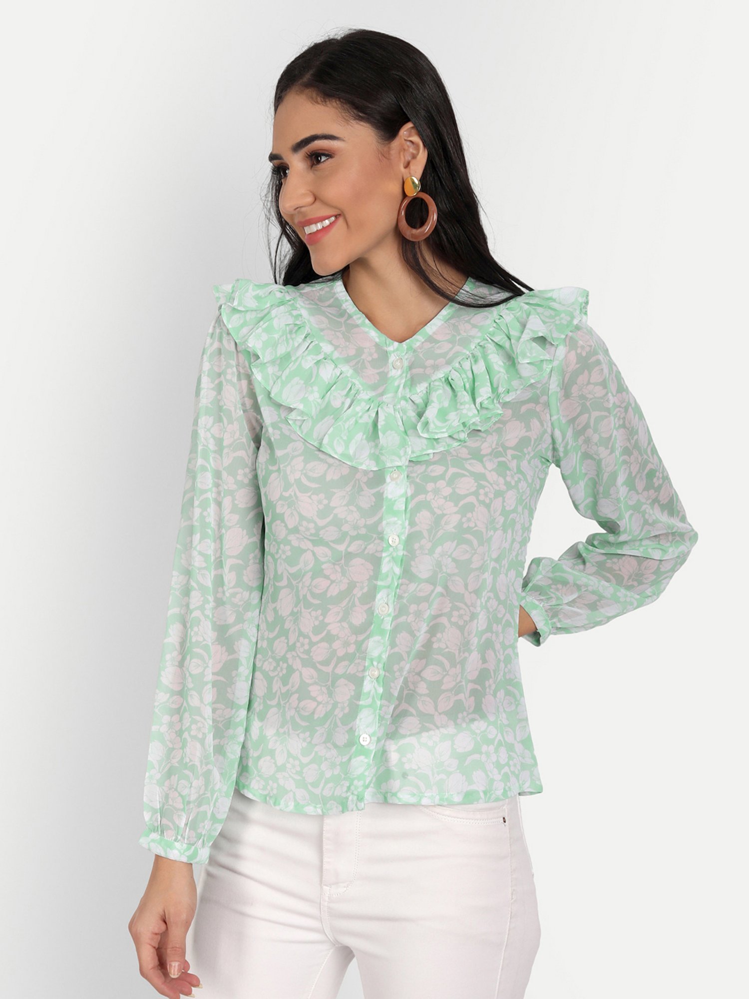 MASAKALI.CO Light Green Floral Print Top