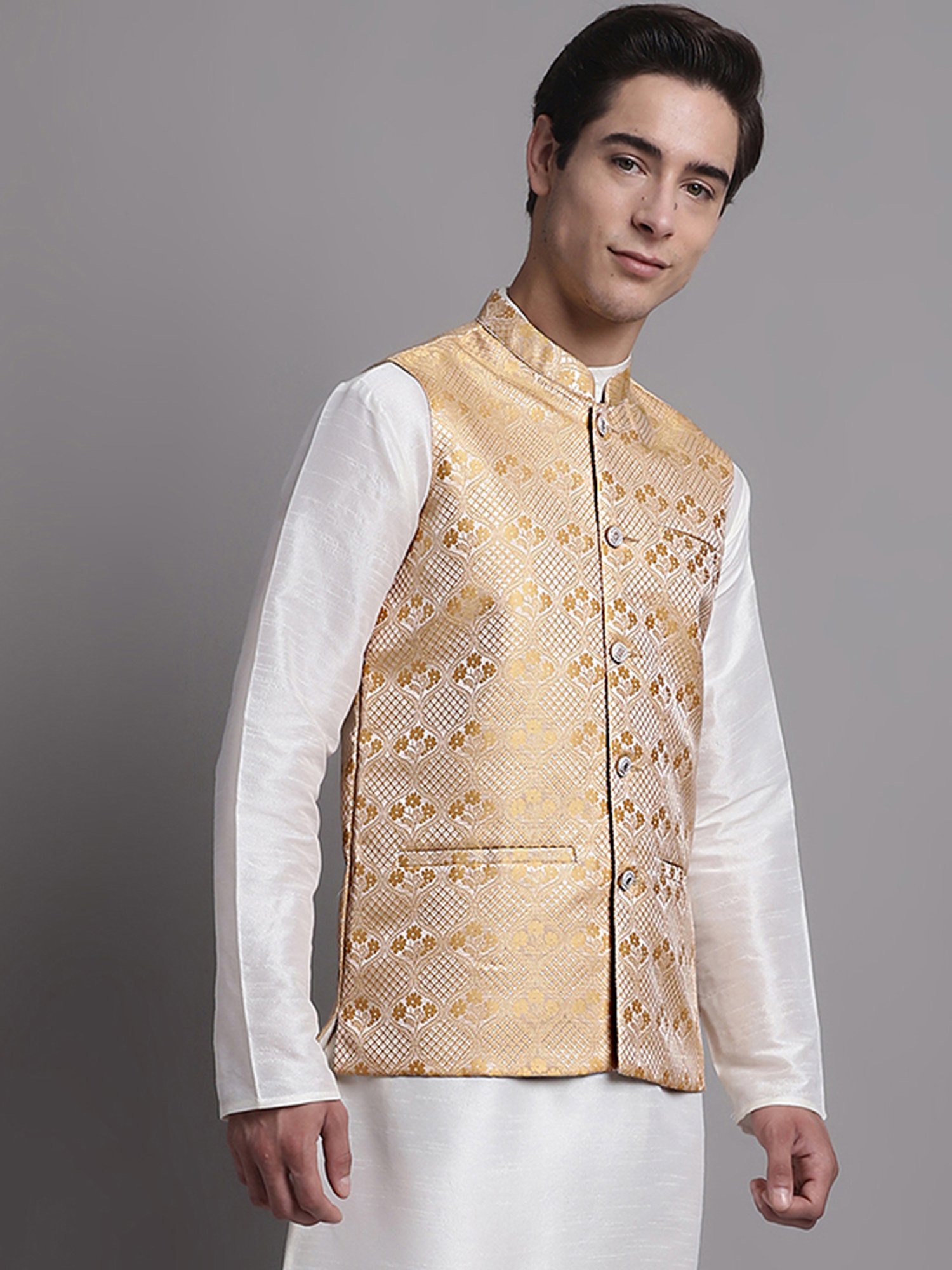 Jompers Gold Regular Fit Self Design Nehru Jacket