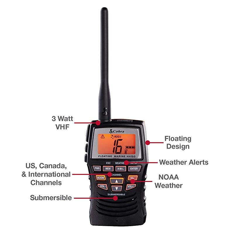 Marine Radio MR HH150 FLT 3 Watt Floating Long Range Handheld VHF Radio NOAA International Waterproof Submersible Weather Alerts LCD Screen Belt Clip