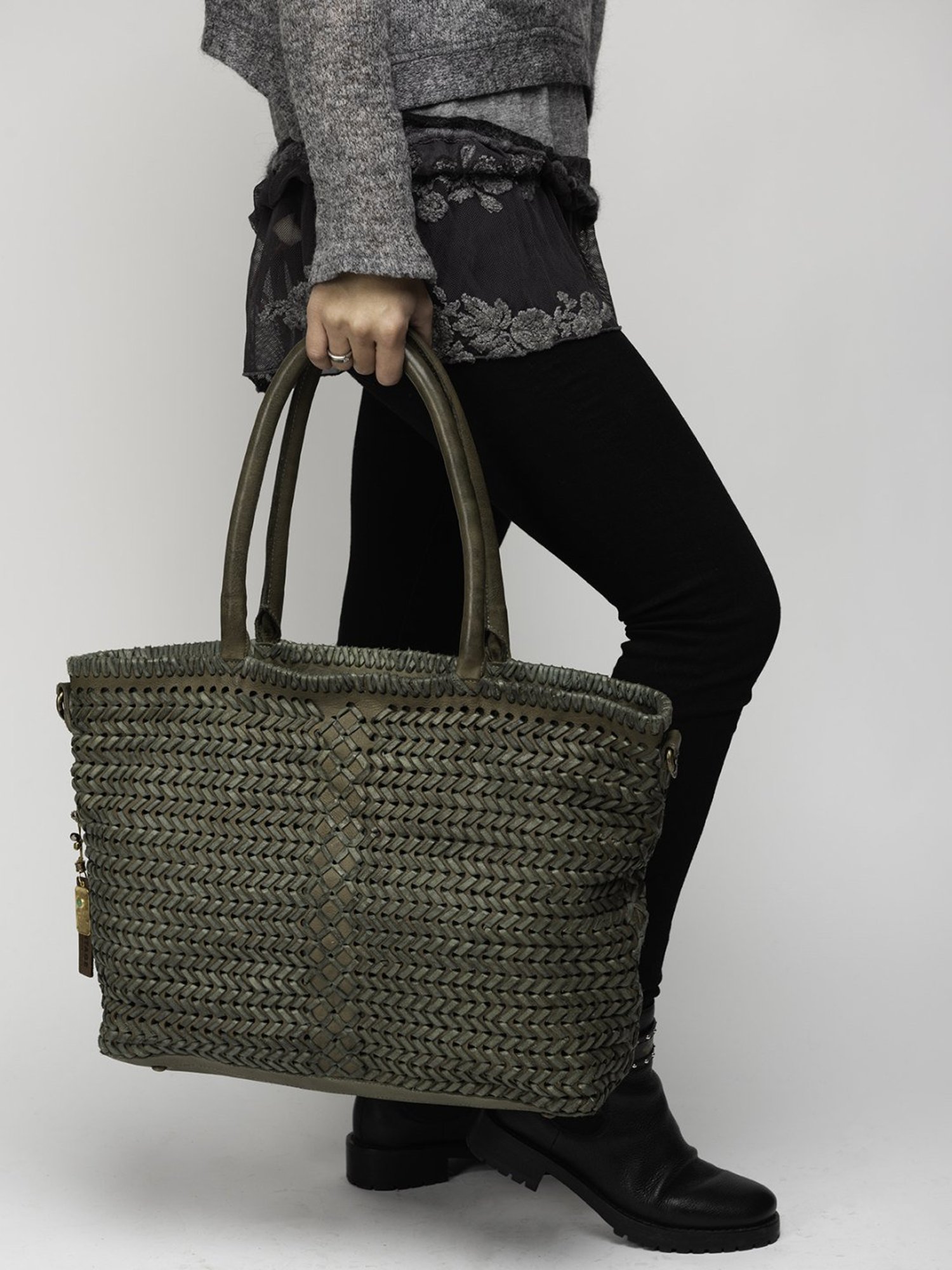 Art N Vintage Joelle Olive Leather Textured Large Tote Handbag