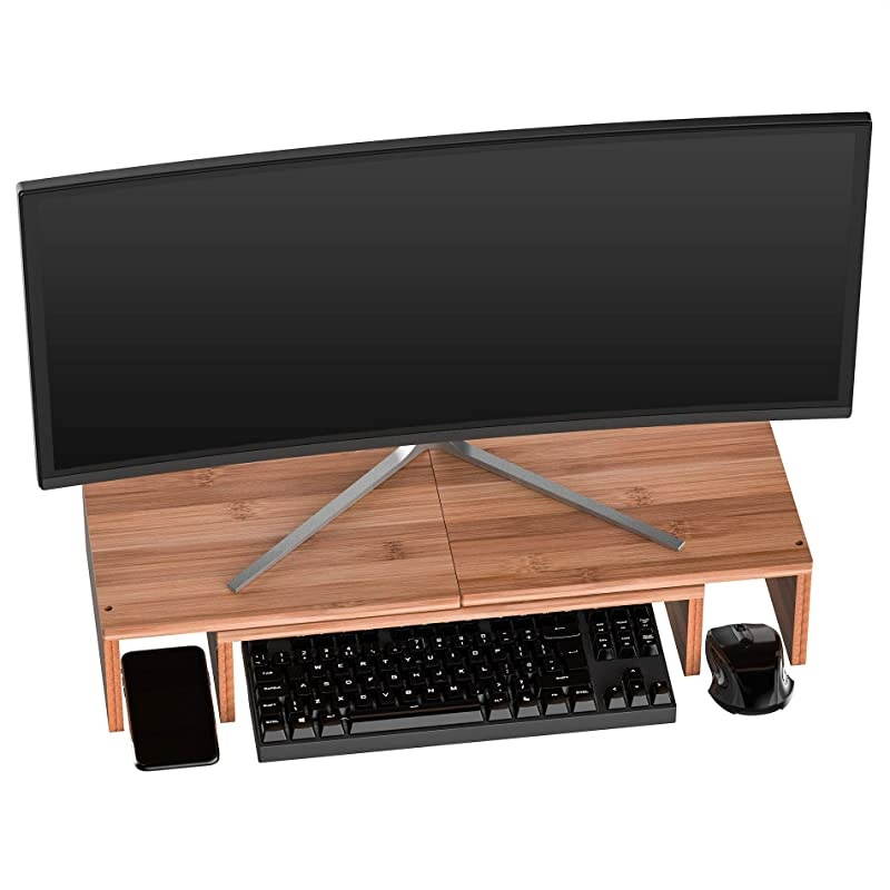 Dual Monitor Riser with Adjustable Length and Angle Desktop Stand 3 Shelf Storage OrganizerBamboo
