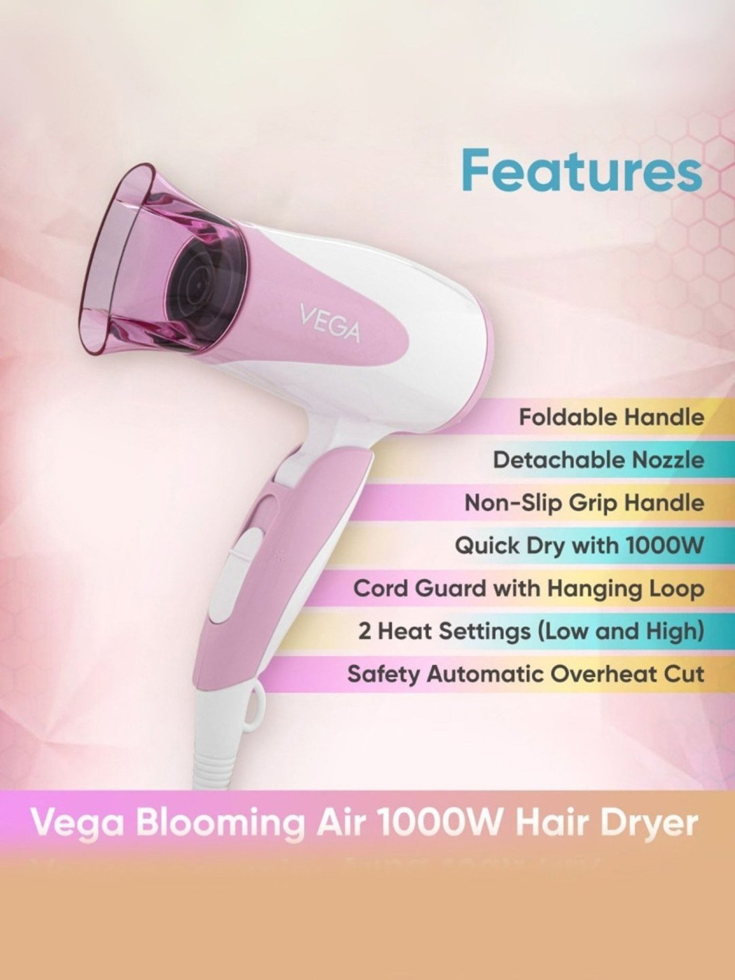Vega Blooming Air Foldable 1000 Watts Hair Dryer With Heat & Cool Setting (VHDH-05, Color May Vary)