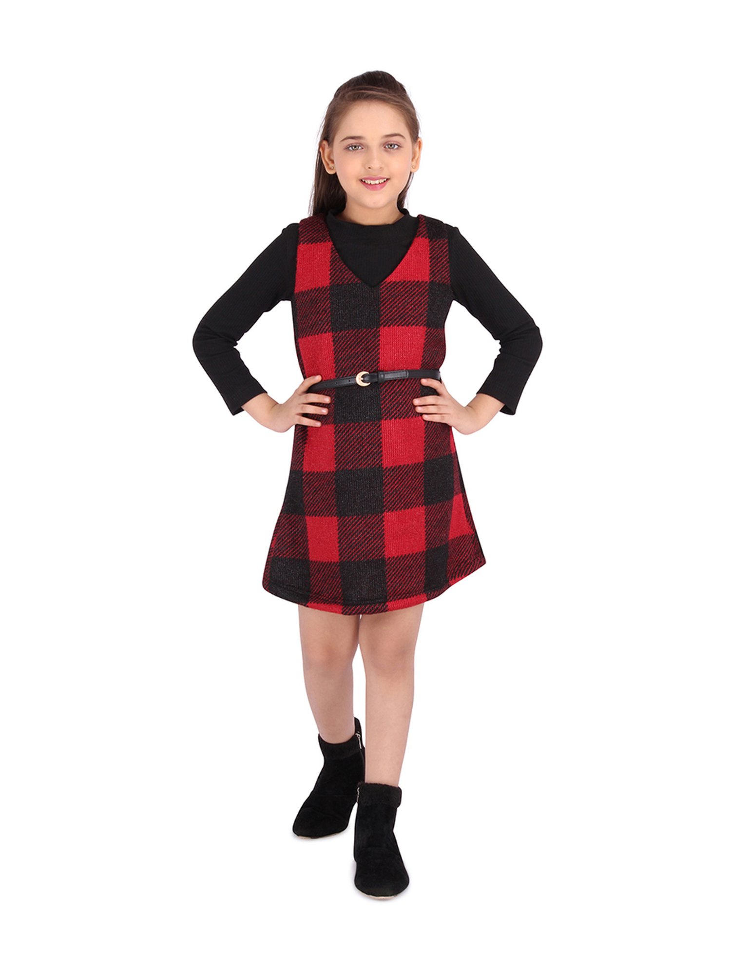 Cutecumber Kids Black & Red Plaid Pattern Dress & Sweater