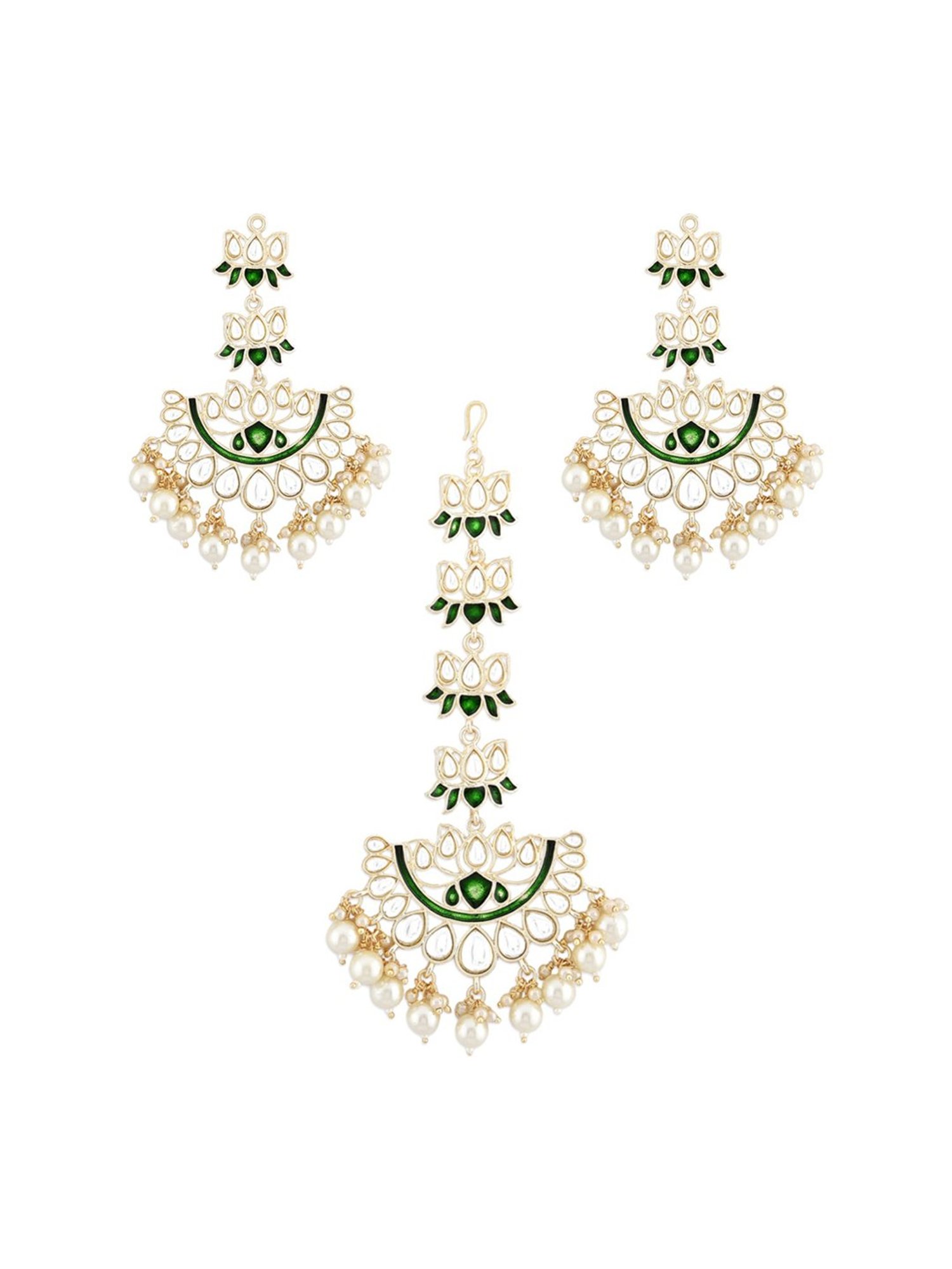 Zaveri Pearls Green Meenakari Lotus Design Kundan Earring & Maangtikka Set