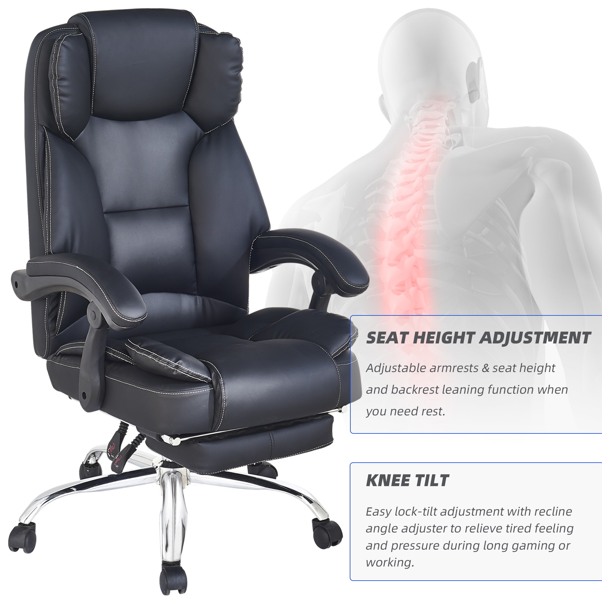 Reclining Office Chair - High Back Executive Computer Desk Chair with Lumbar Support, Angle Recline Locking System and Footrest, Thick Padding for Comfort