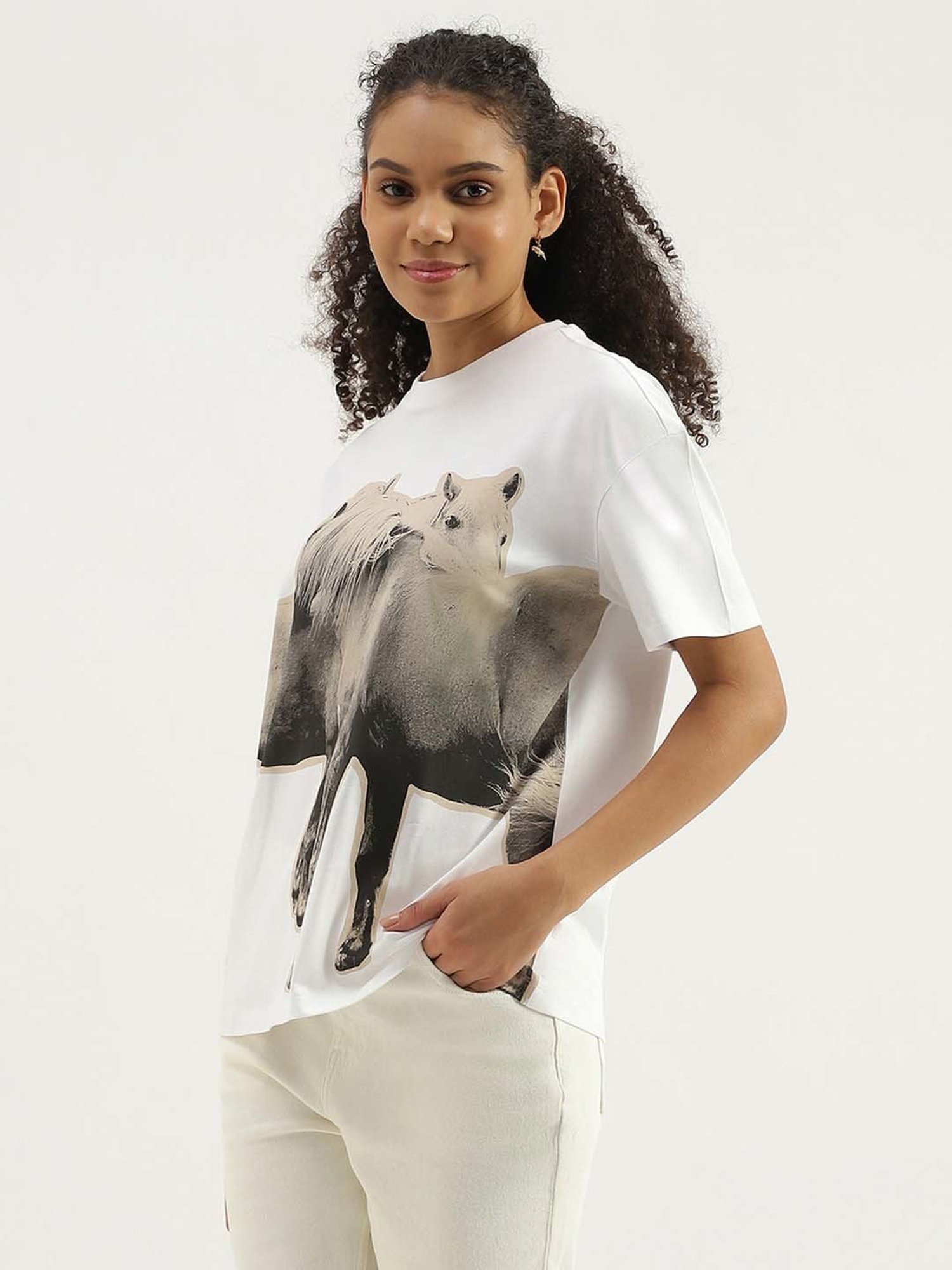 United Colors of Benetton White Cotton Printed T-Shirt