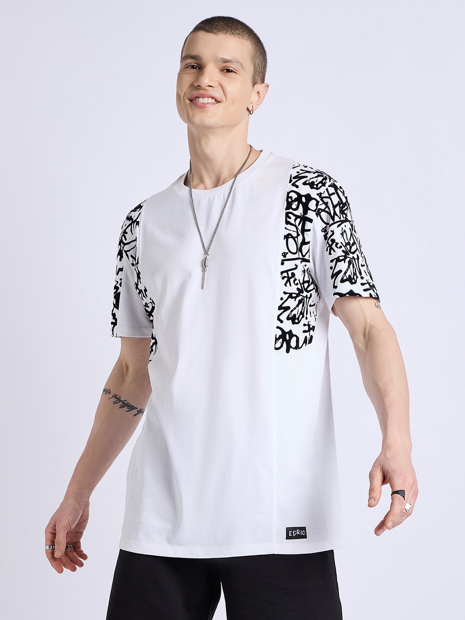 EDRIO White Regular Fit Printed Crew T-Shirt