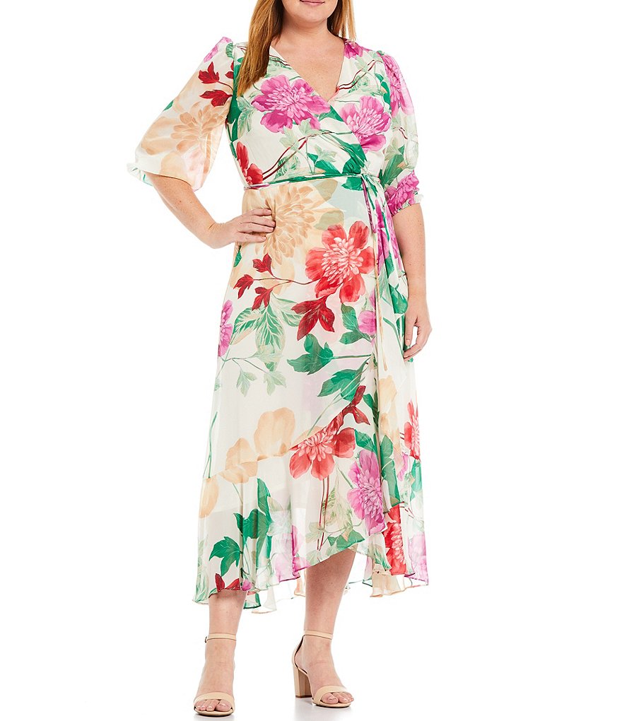 Maison Tara Plus Size Surplice V-Neck Balloon Short Sleeve Floral Wrap Maxi Dress