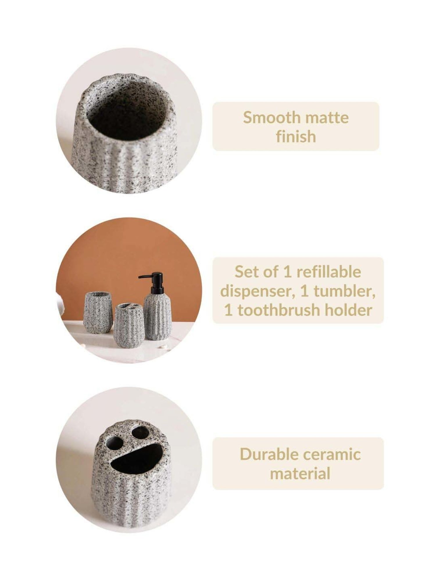 Nestasia Speckled Pattern Ribbed Design Ceramic Bathroom Accessories Set of 3 Granite-Grey