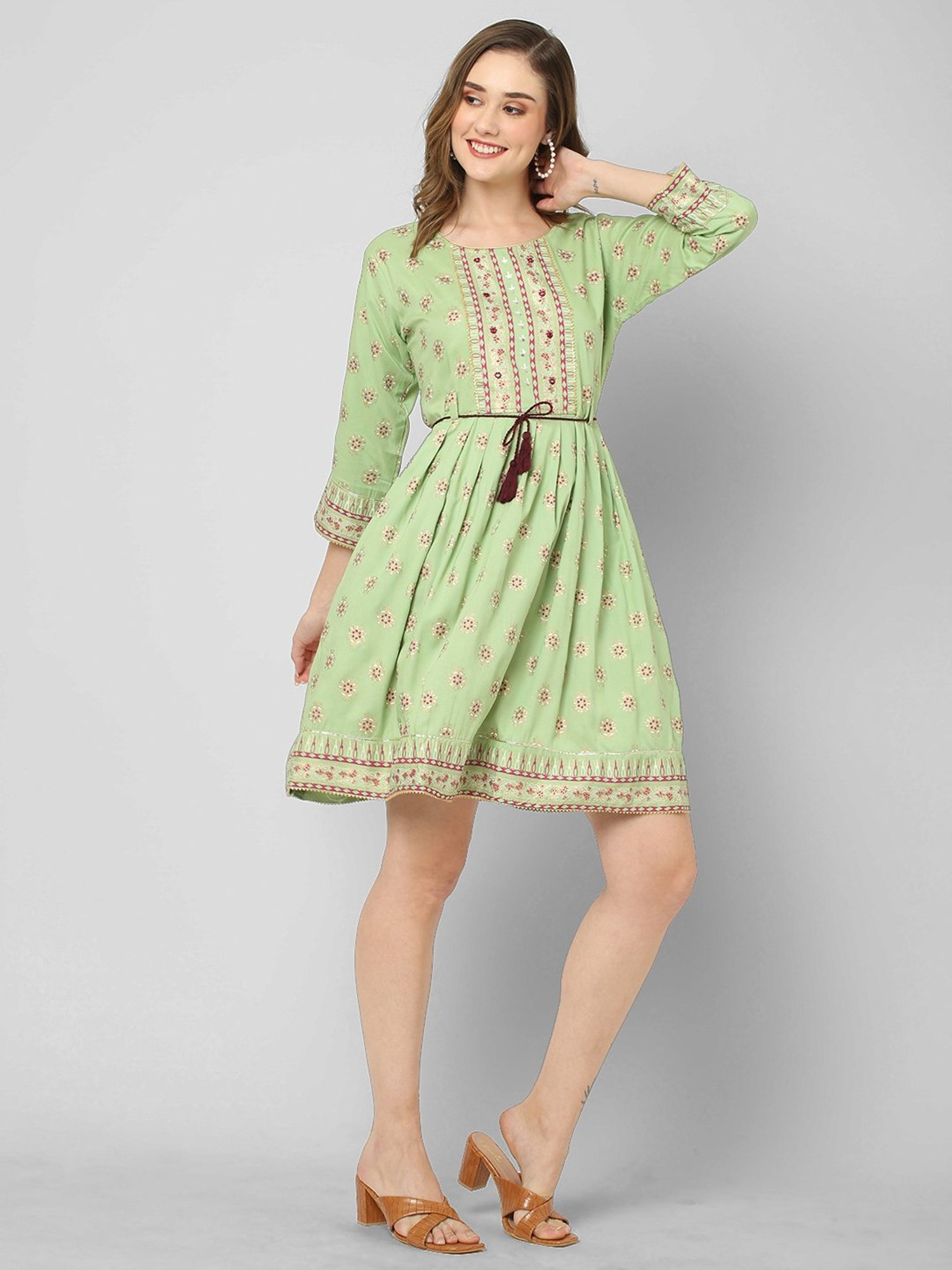 KIANA Green Printed A-Line Dress