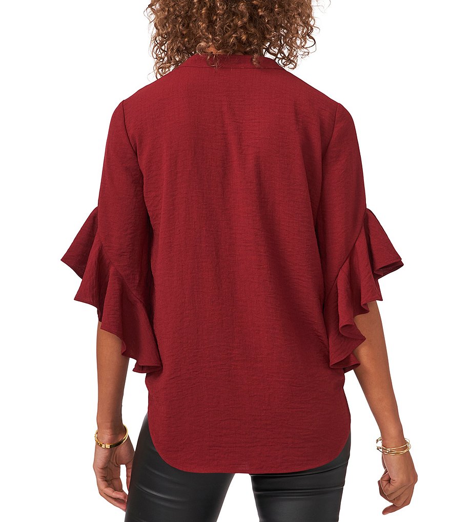 Vince Camuto Ruffled Short Elbow Flutter Sleeve V-Neck Matte Rumple Henley Blouse