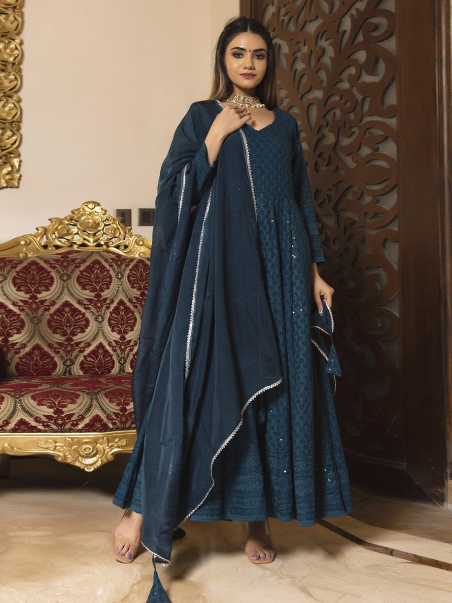 Calmna Blue Sea View Chikankari Anarkali Suit Set