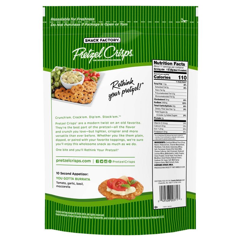 Snack Factory Garlic Parmesan Flavored Pretzel Crisps Crackers - 11.25oz