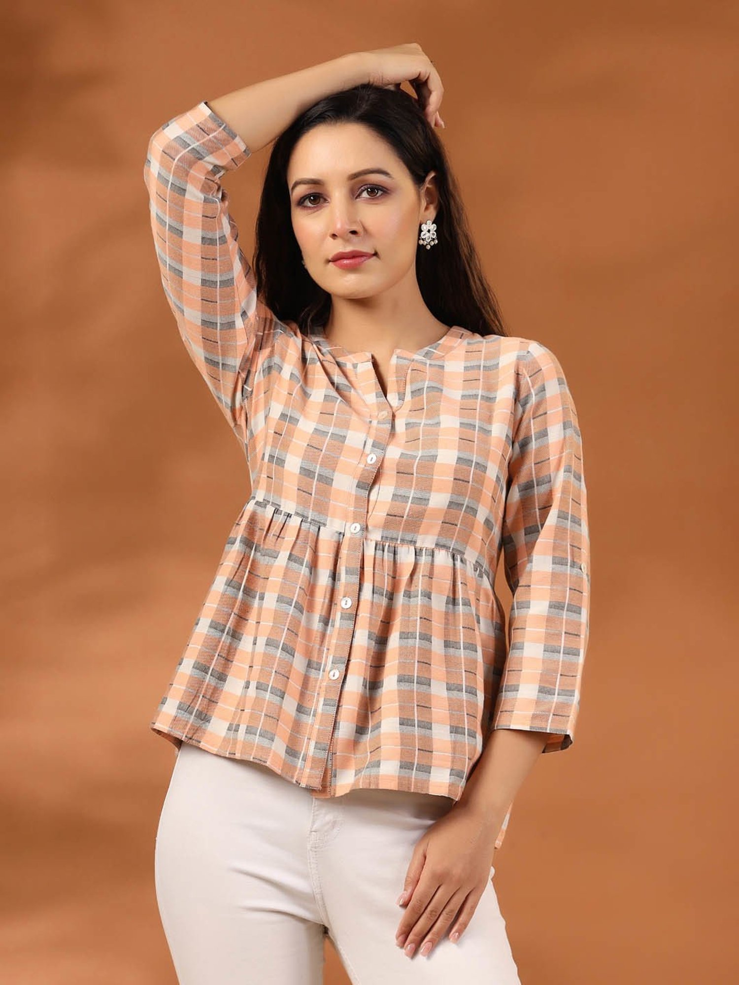 Jaipur Kurti Peach Check Peplum Top