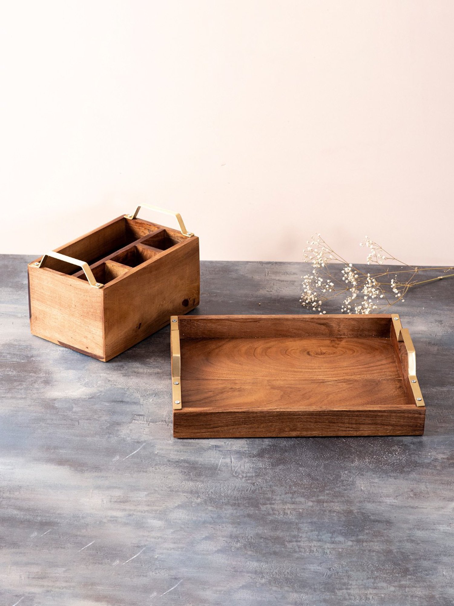 Nestroots Brown Sheesham Wood Serving Tray & Cutlery Holder Set