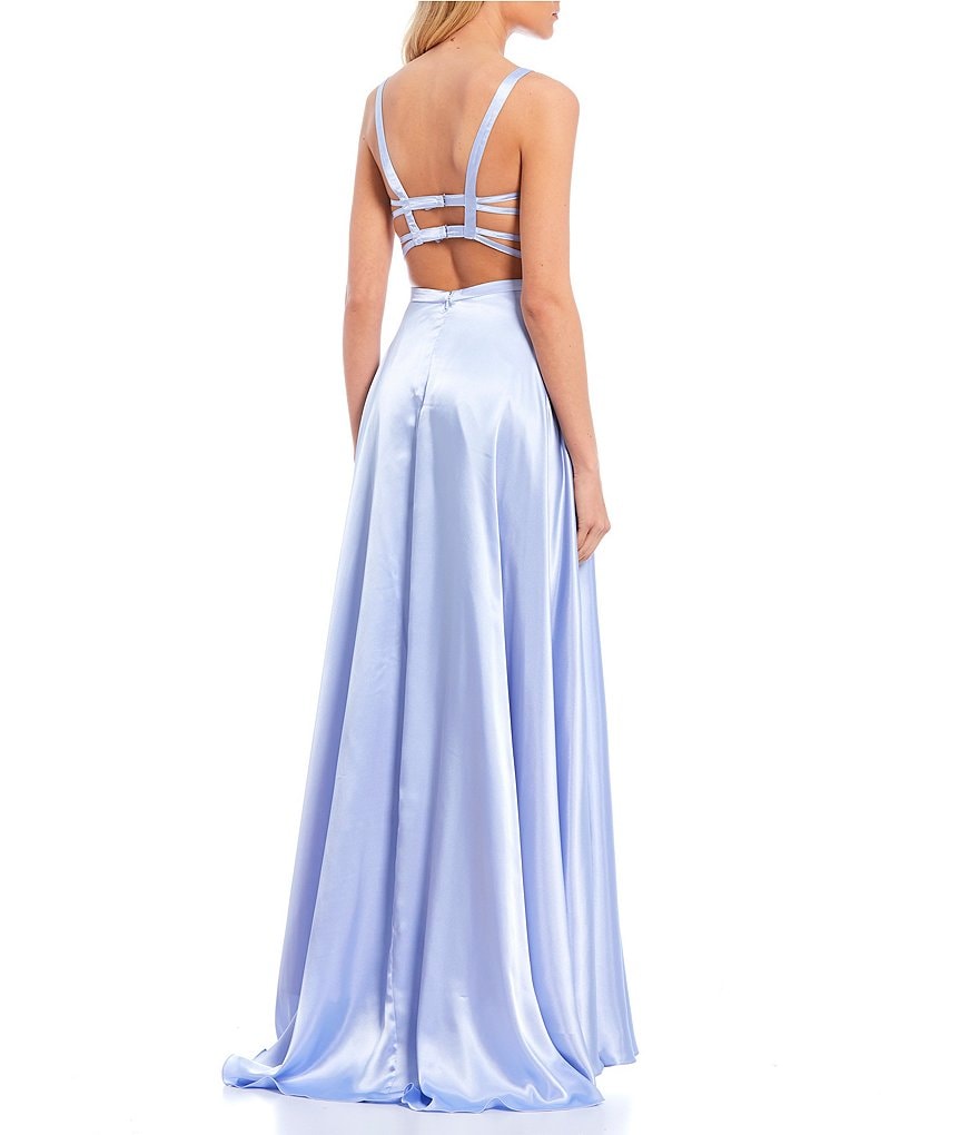 Blondie Nites Sleeveless Square-Neck Cut-Out Back Side Slit Charmeuse Satin Ball Gown