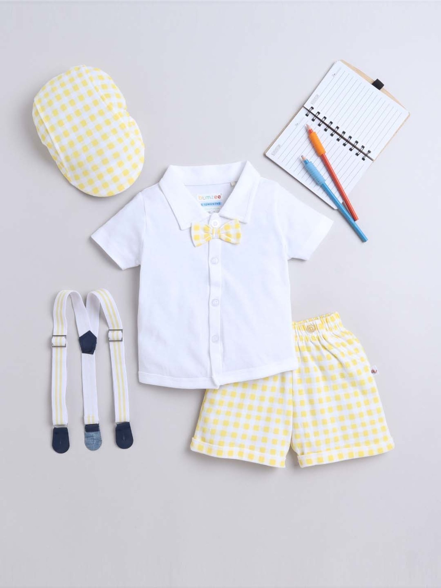 Bumzee Kids White & Yellow Cotton Chequered Shirt Set
