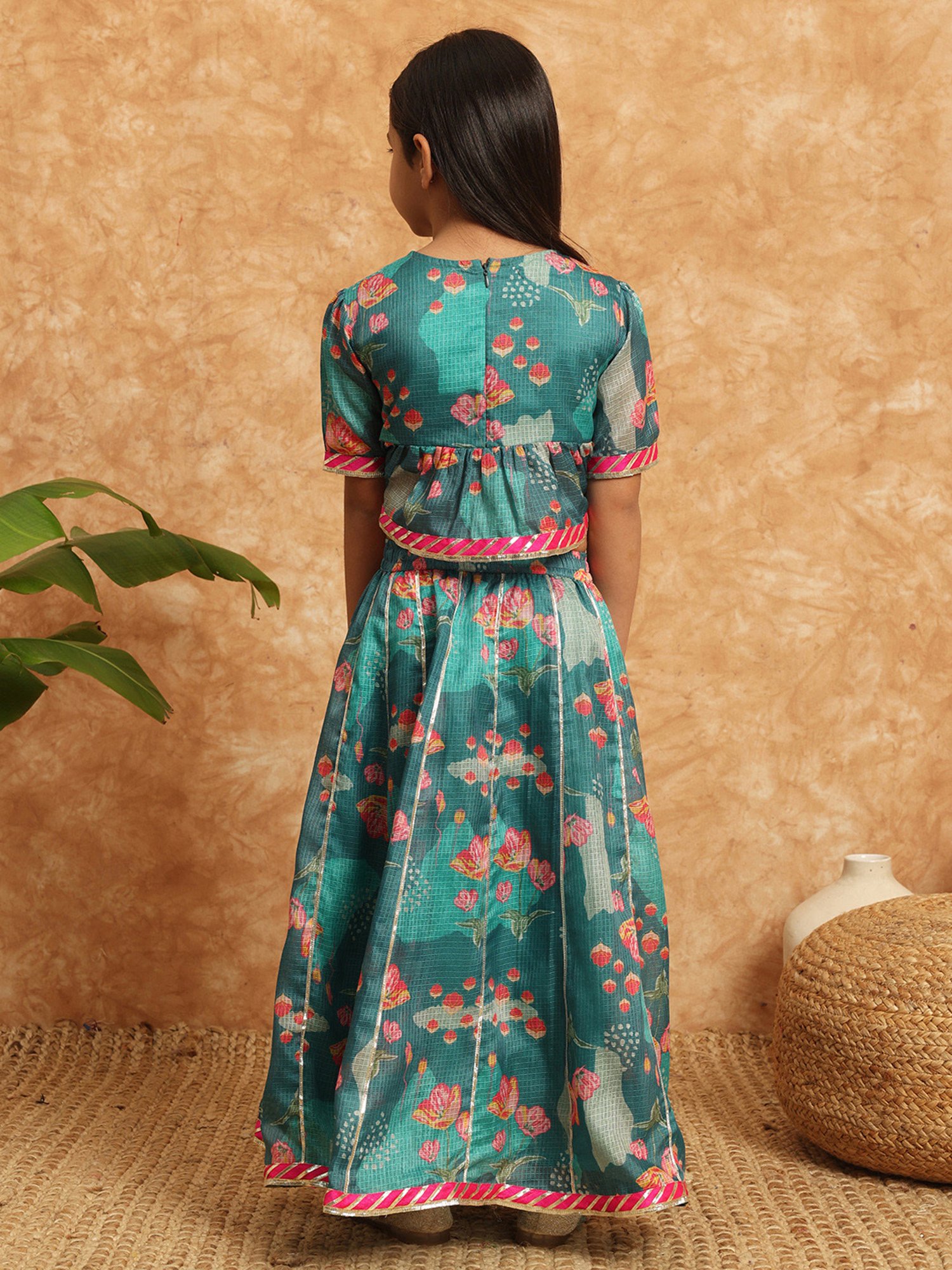 A Little Fable Kids Blue Printed Lehenga with Choli & Dupatta