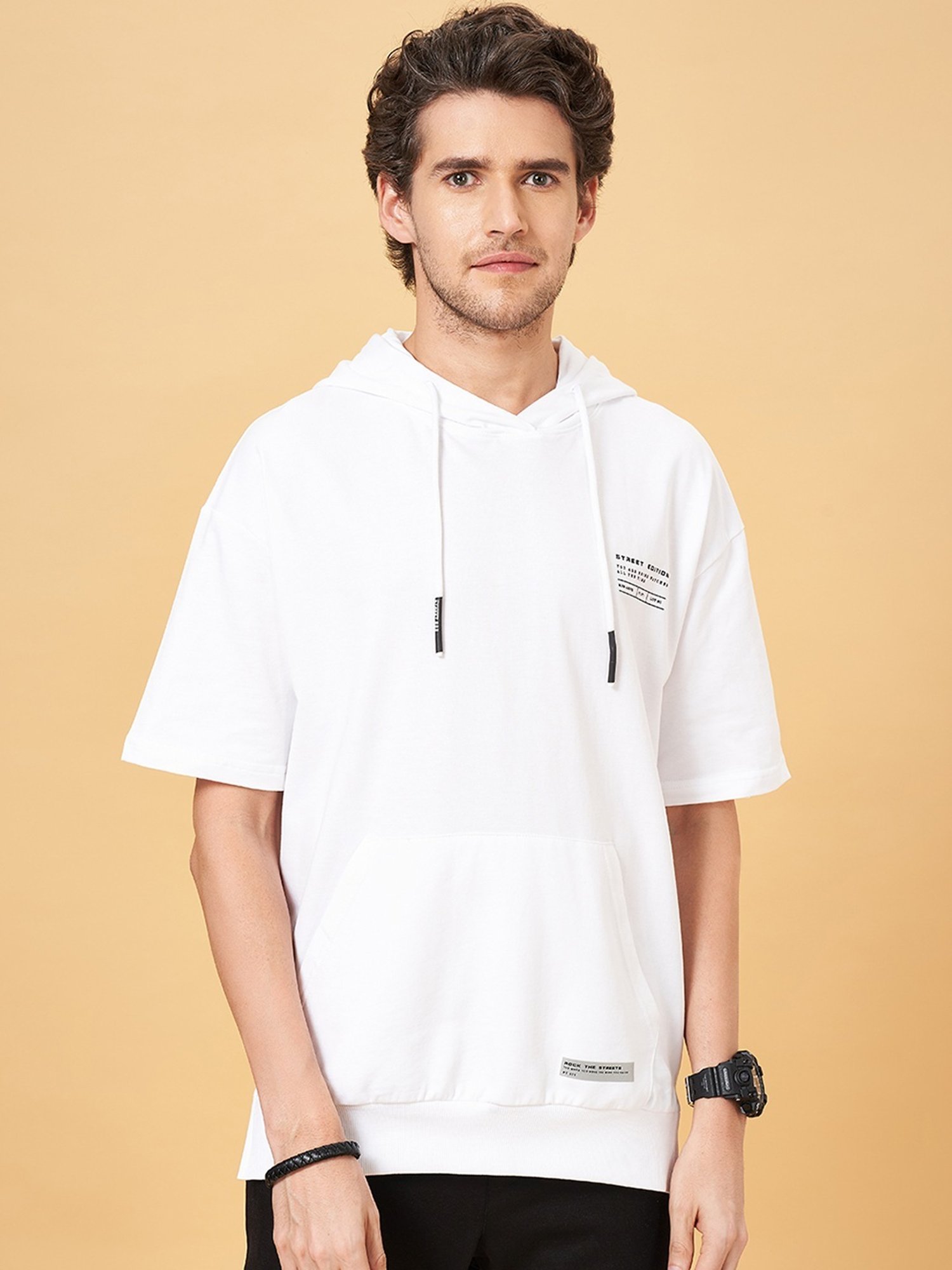 Street 808 by Pantaloons White Cotton Regular Fit Hooded T-Shirt
