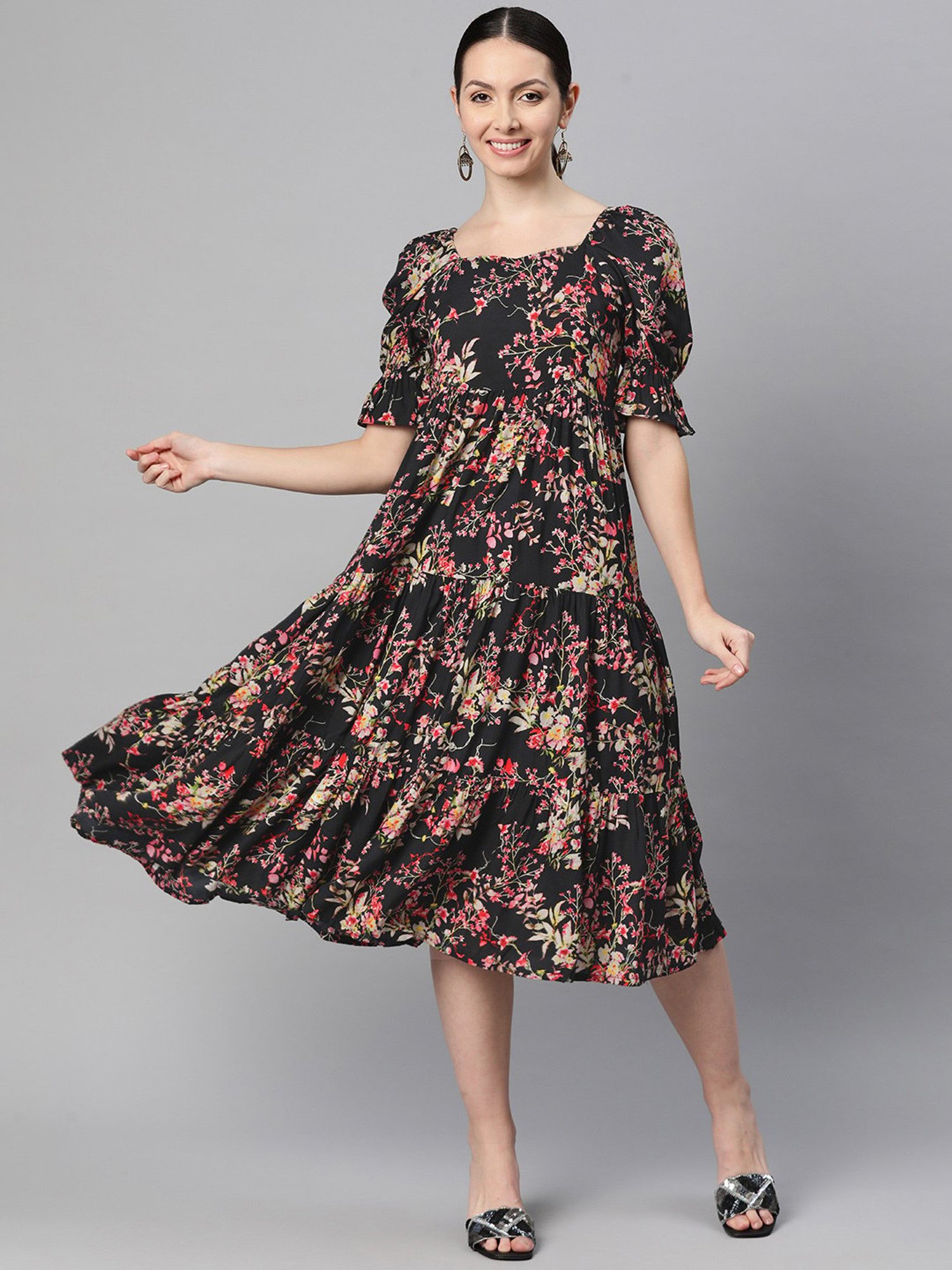 Indibelle Black Floral Ethnic Dress