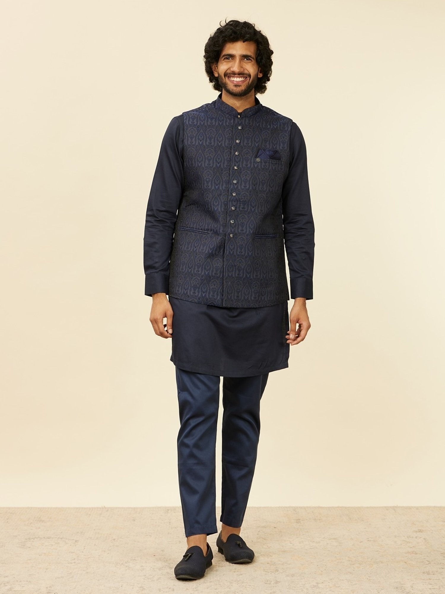 Manyavar Dark Blue Embroidered Nehru Jacket
