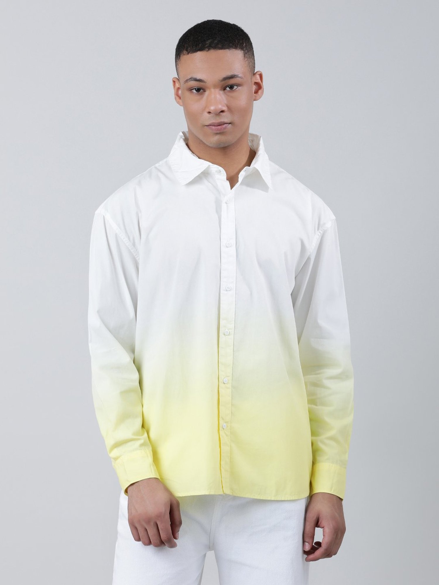 Bene Kleed White & Yellow Loose Fit Ombre Cotton Shirt