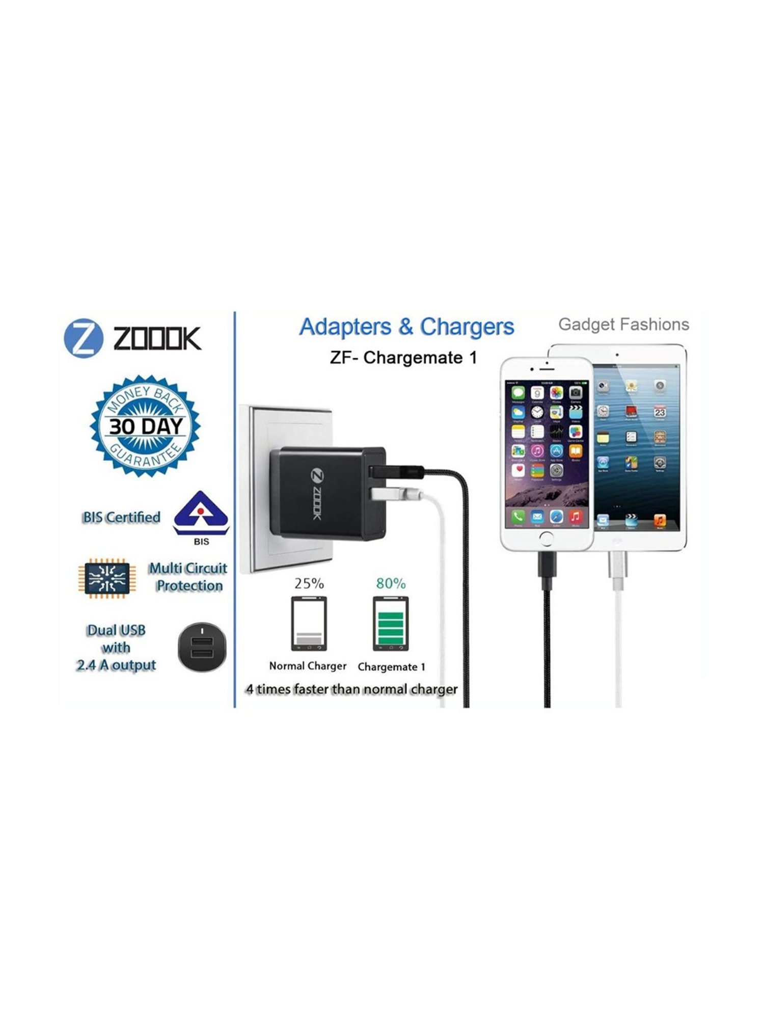Zoook ZK-CHARGEMATE1 2.4Amp Dual Port Charger (Black)