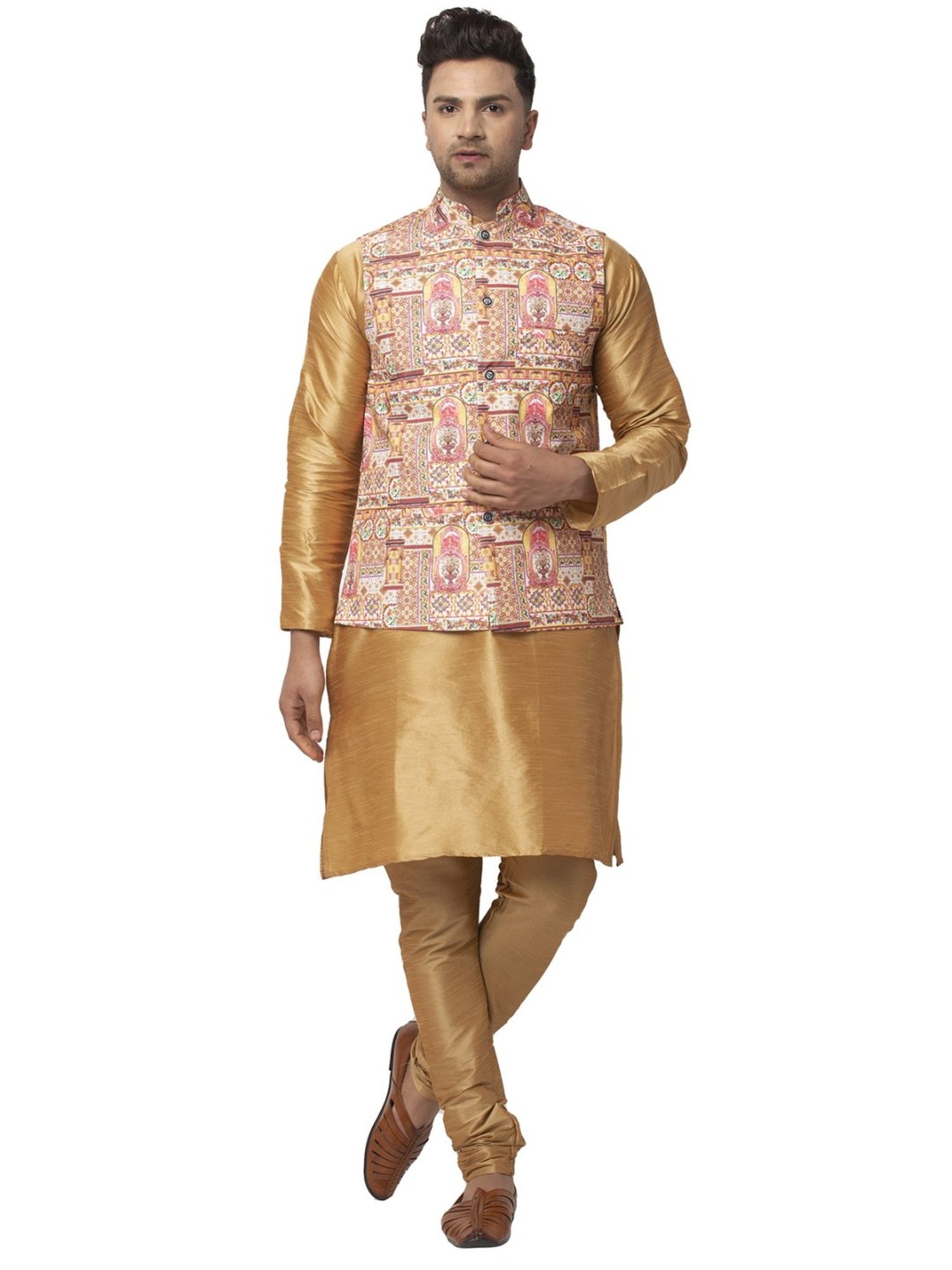 Benstoke Copper & Yellow Regular Fit Paisley Kurta Set With Jacket