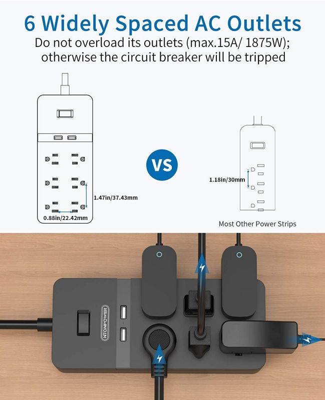 Surge Protector Power Strip with USB - NTONPOWER Flat Plug Extension Cord 5FT, 6 Outlets 2 USB Desktop Charging Station, ETL Listed, 15A Circuit Breaker, Wall Mount for for Home and Office - Black
