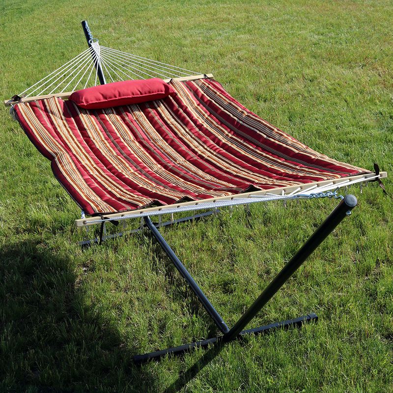 Sunnydaze Cotton Rope Freestanding Hammock with Spreader Bar with Portable Steel Stand and Pad and Pillow Set - 12' Stand - Awning Stripe