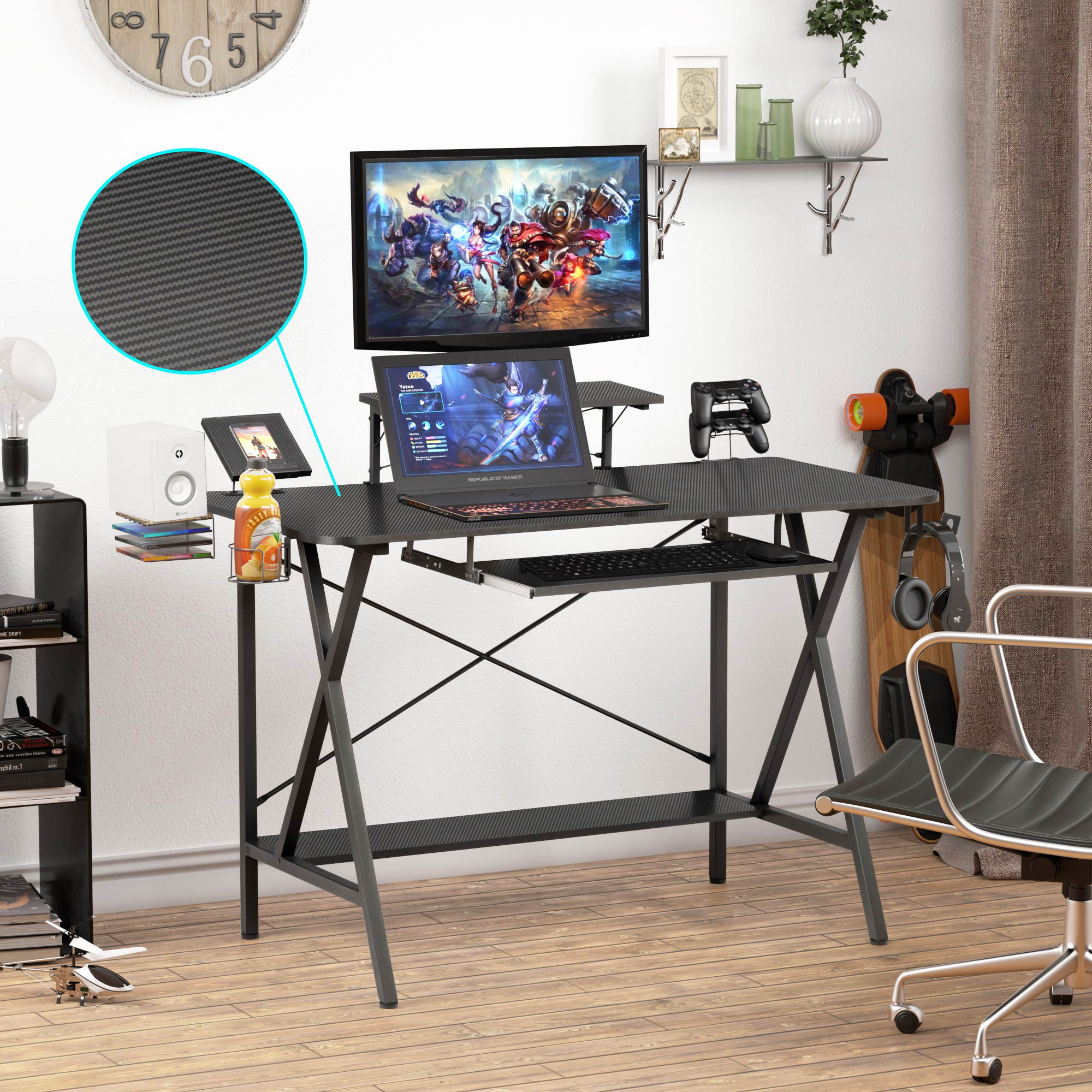 47" Gaming Desk Table E-Sports Computer Desk with PC Stand Shelf Keyboard stand Power Strip with USB Cup Holder & Headphone Hook Home Office Desk Gamer Desk Writing Table Carbon Fiber Coated Black