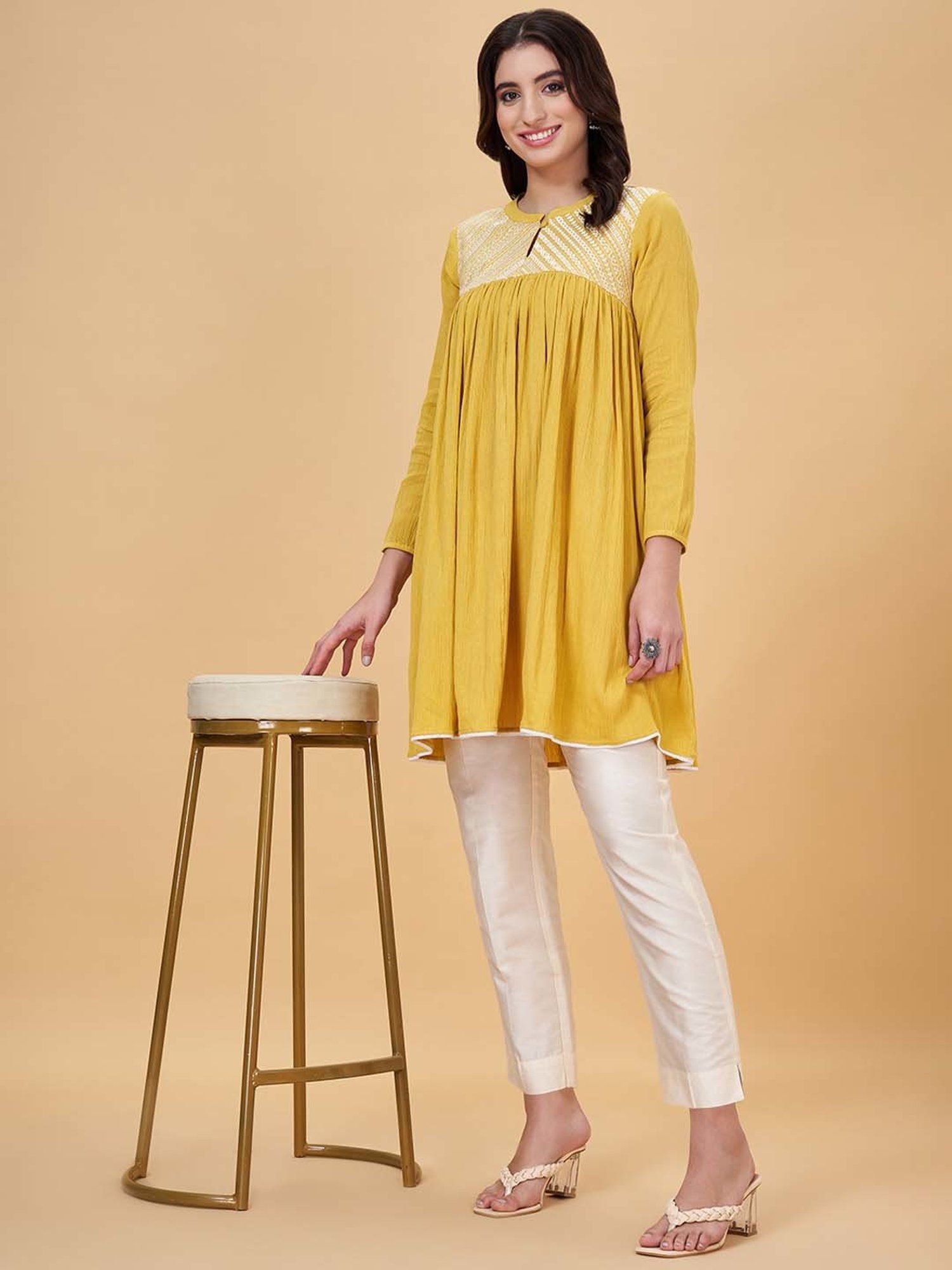 Rangmanch by Pantaloons Yellow & White Cotton Embroidered Kurti Pant Set