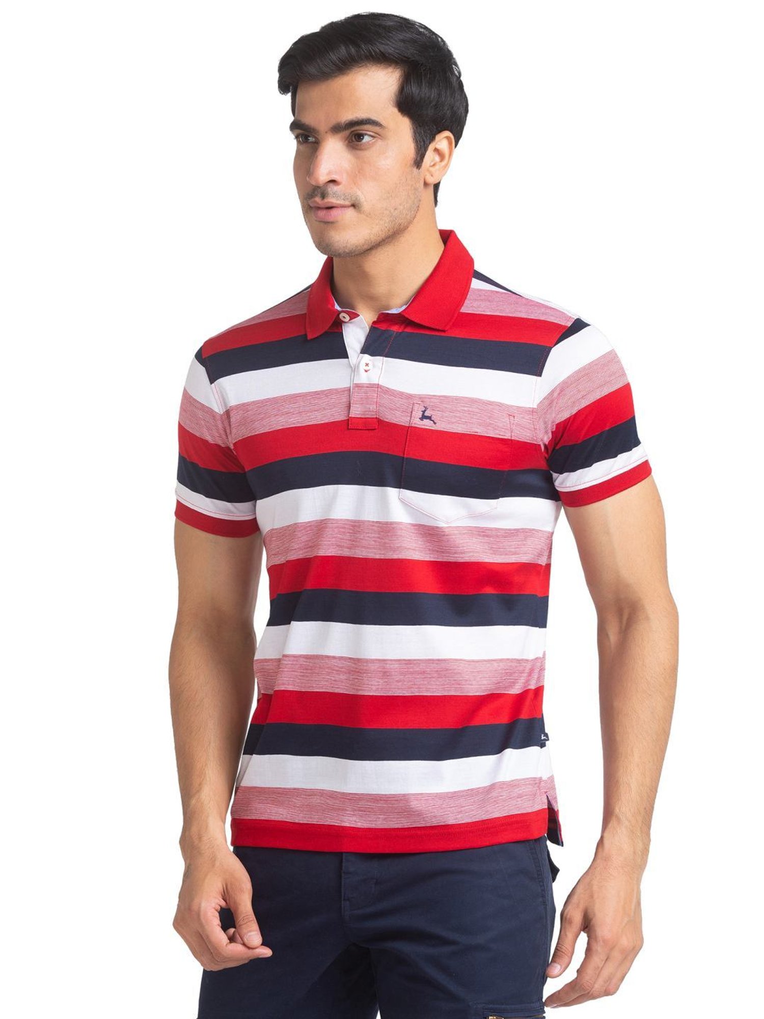 Parx Red Pure Cotton Regular Fit Striped Polo T-Shirt