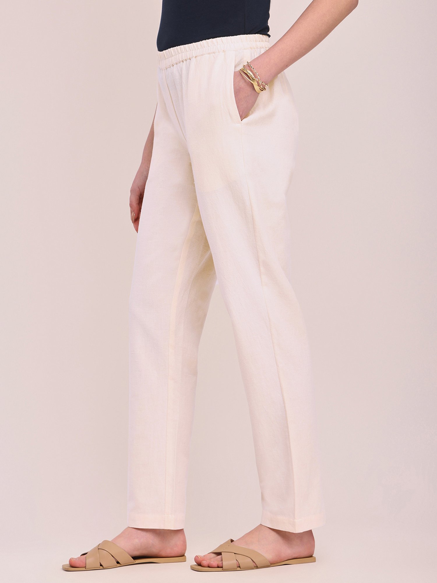 Pink Fort Off-White Cotton Relaxed Fit Pants