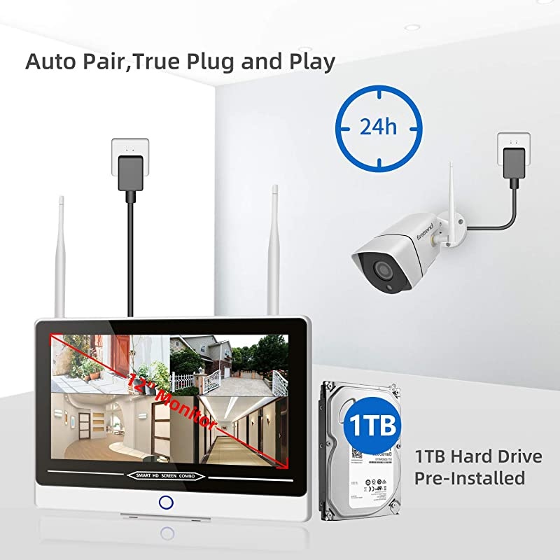2021 New] Security Camera System Wireless with Monitor, 1080P 8CH Wireless Security System Outdoor Indoor with 4PCS 1080P Cameras 12 Inch Monitor Night Vision Motion Detection No Hard Drive