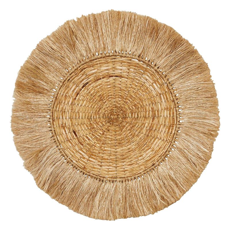 28" Round Handwoven Rattan and Abaca Wall Art with Fringe Brown - 3R Studios