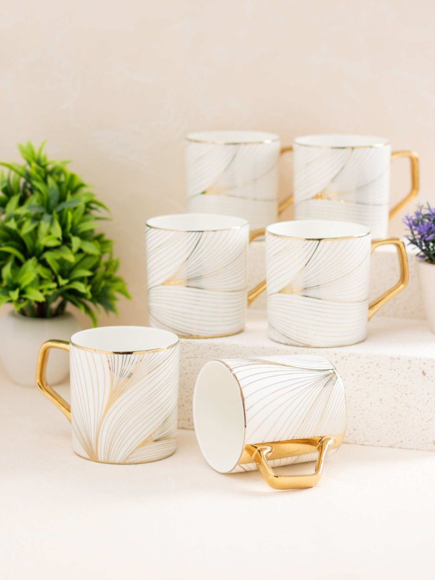 JCPL Printed White Ceramic Tea Cups- Set of 6 (200 ml each)