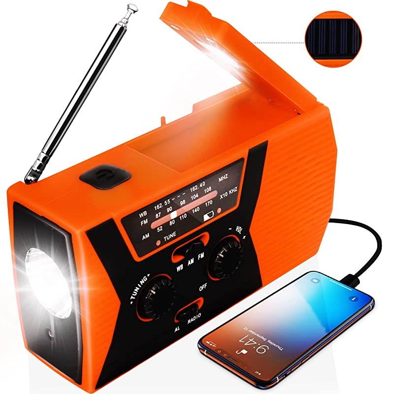 2020 Upgraded Emergency Solar Hand Crank Radio,  Hand Crank AM/FM/NOAA Weather Radio with Flashlight, Reading Lamp, 2000mAh Power Bank,USB Cell Phone Charger and SOS Alarm