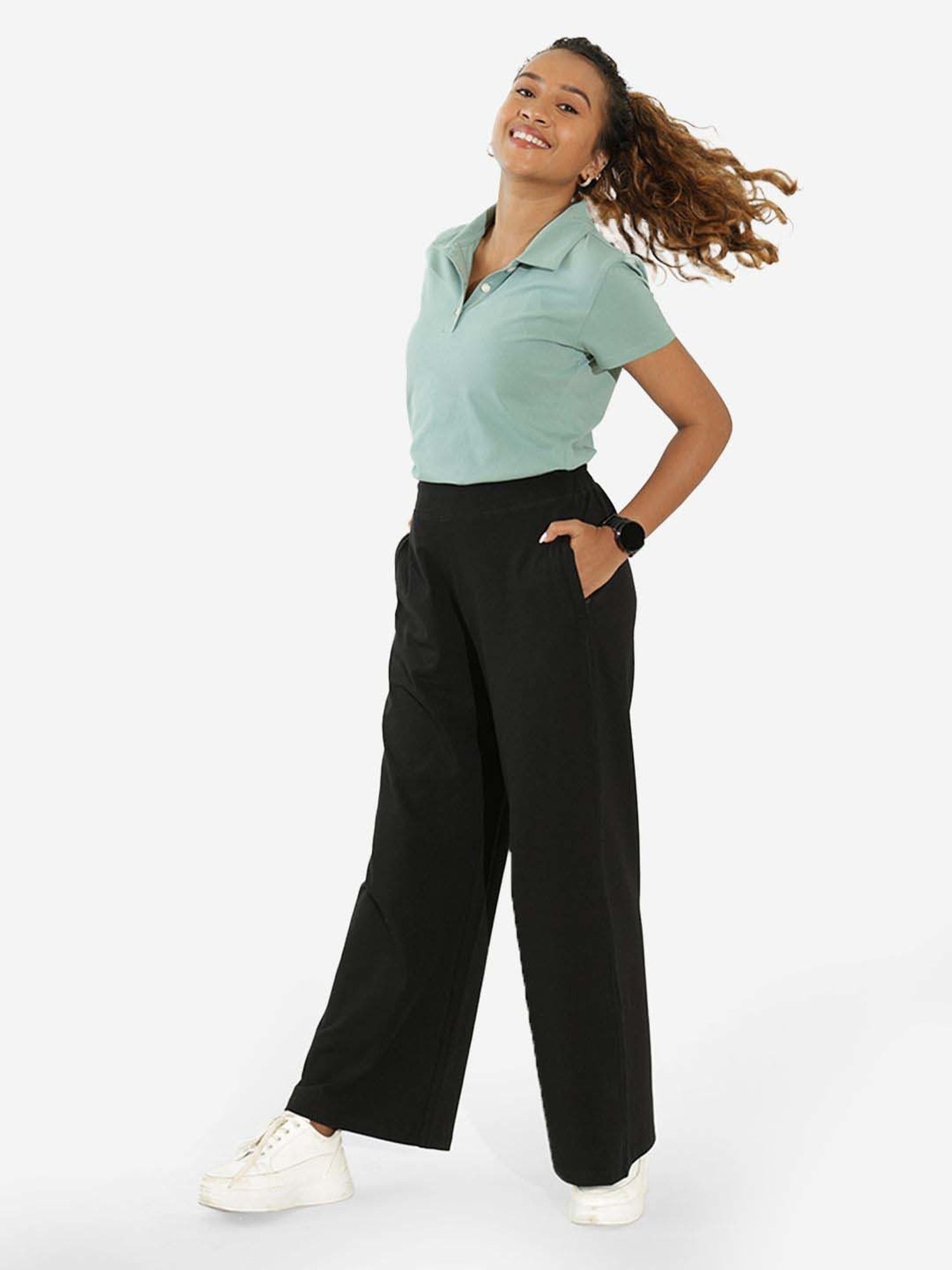 BlissClub Black Cotton Wide Leg Trousers