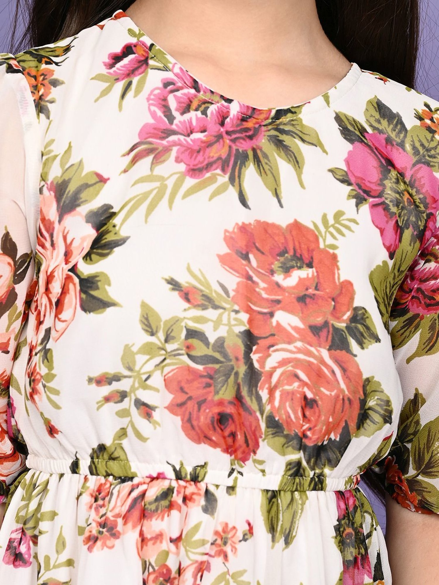 LilPicks Kids White & Pink Floral Print Dress