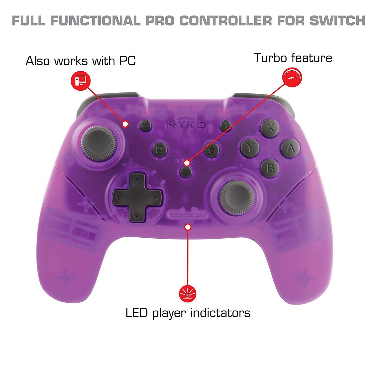 Nyko Wireless Core Controller - Bluetooth Pro Controller Alternative with Turbo and Android/PC Compatibility for Nintendo Switch - Purple