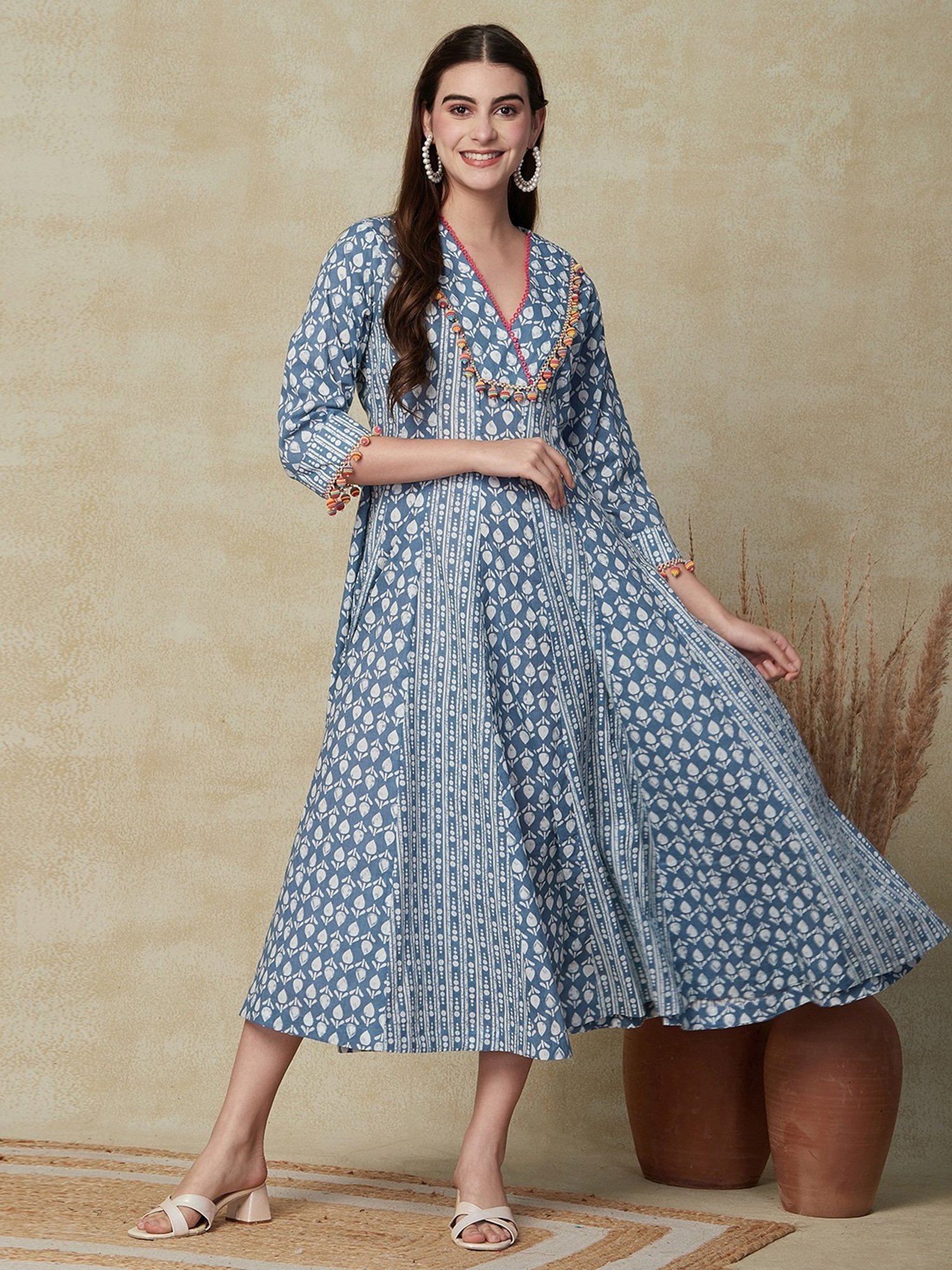 Fashor Blue Cotton Printed A-Line Dress