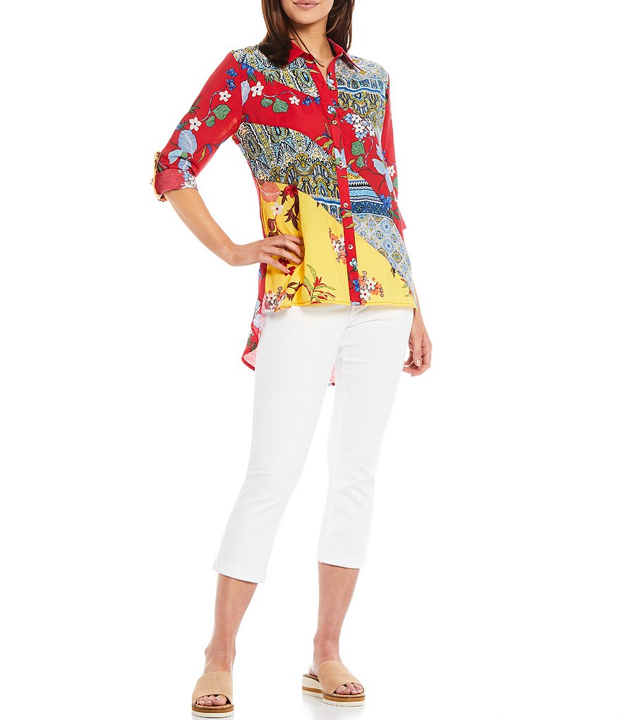 Calessa Petite Size Patchwork Print Embroidery Detail Collared Button Front Shirt