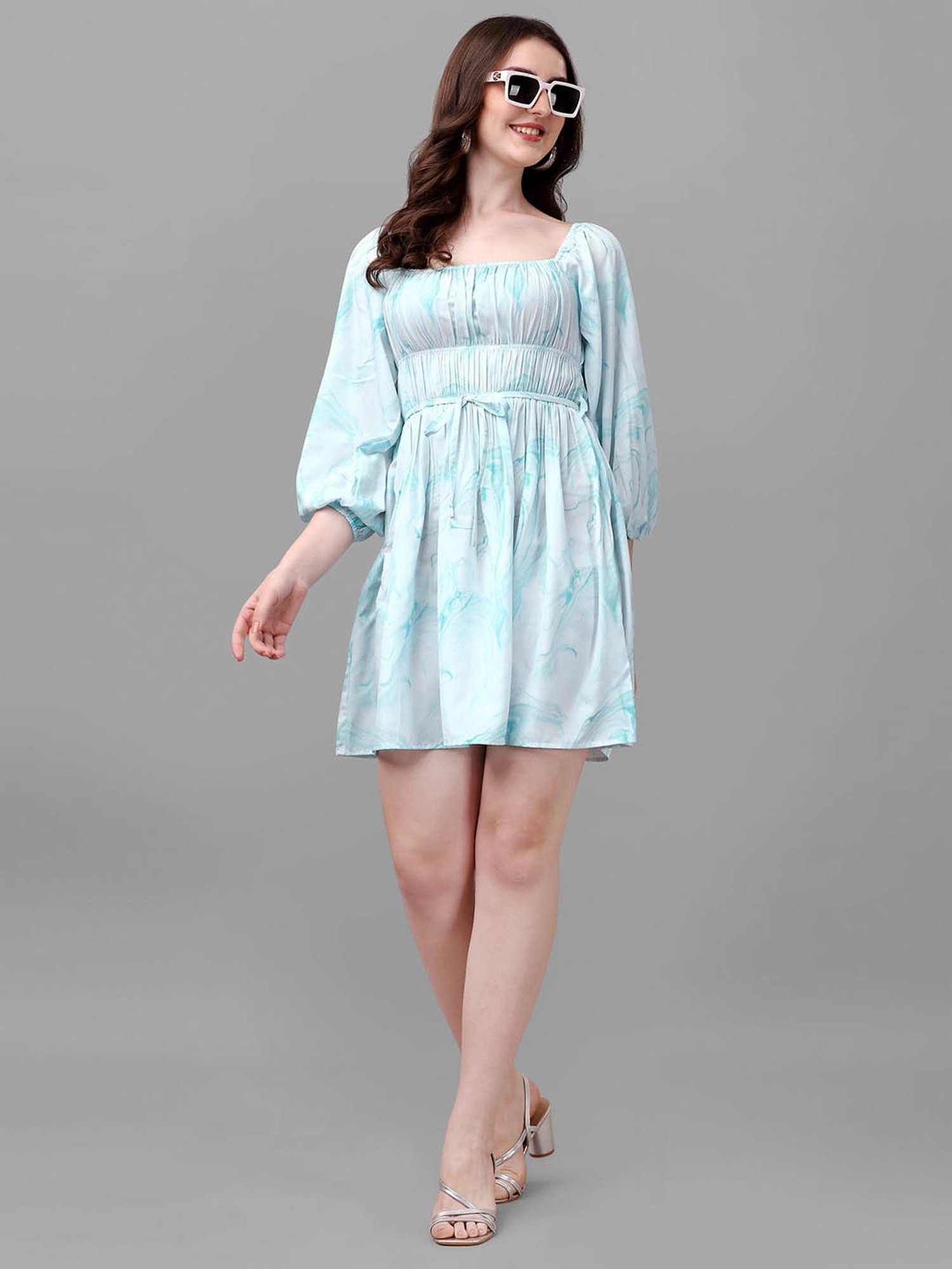 MASAKALI.CO Sky Blue Printed Fit & Flare Dress