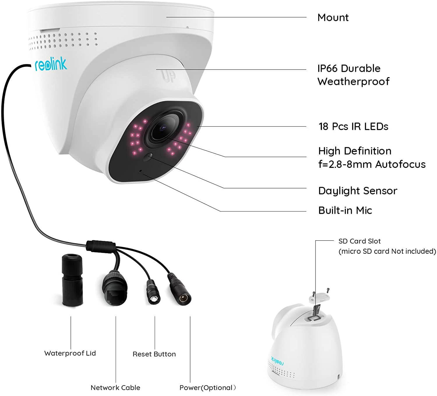 Reolink 5MP PoE camera dome outdoor 3x Optical Zoom IP66 built-in Mic SD card slot Remote Access via phone RLC-522