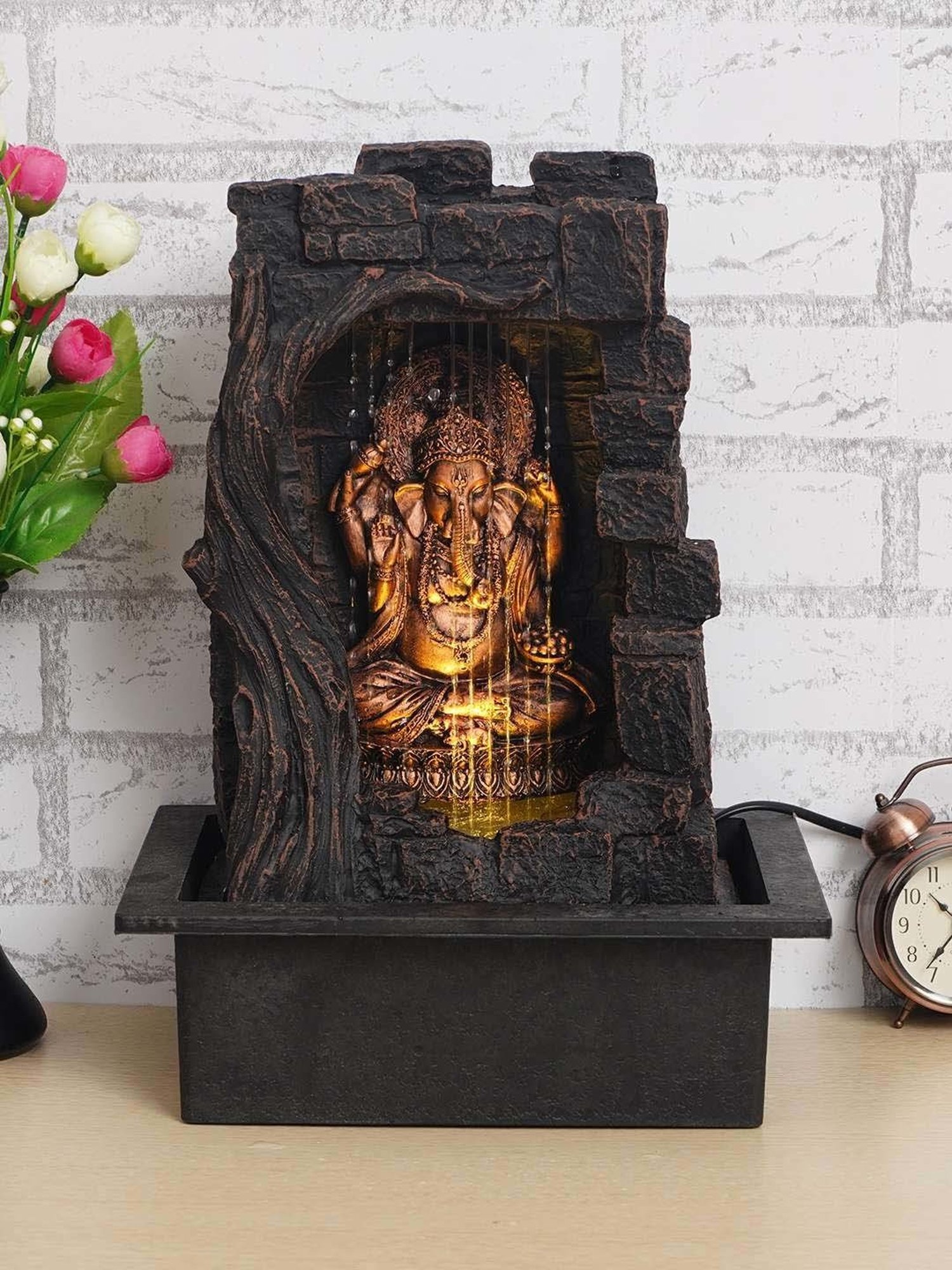 CHRONIKLE Brown & Golden Polyresin Ganesha Idol Front Curtain Waterfall Fountain