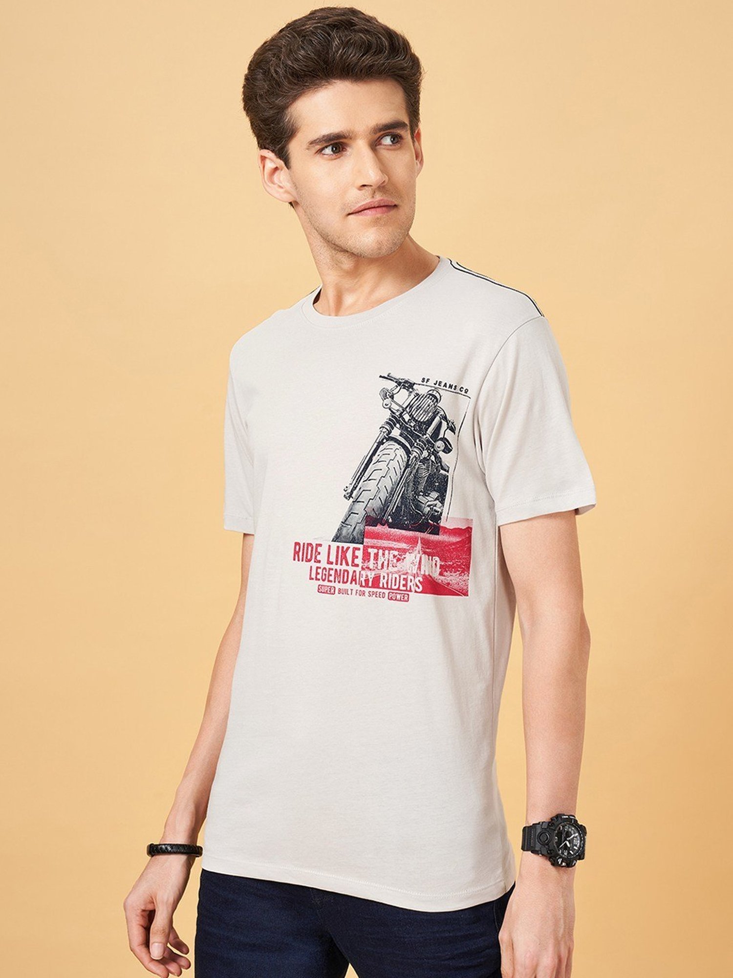 Sf Jeans By Pantaloons Steel Grey Slim Fit Printed T-Shirt
